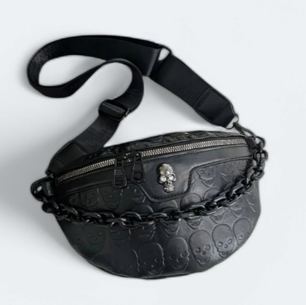 Retro Black Skull Embossed Waist Crossbody Bag Gothic Fanny Pack‎ Shoulder Purse